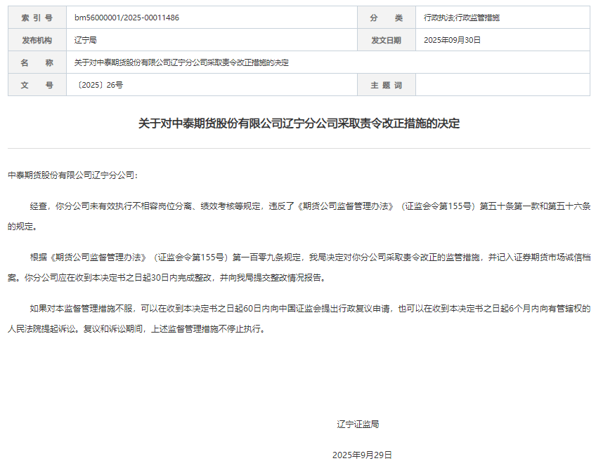 中泰期货辽宁分公司被责令改正 为中泰证券控股子公司