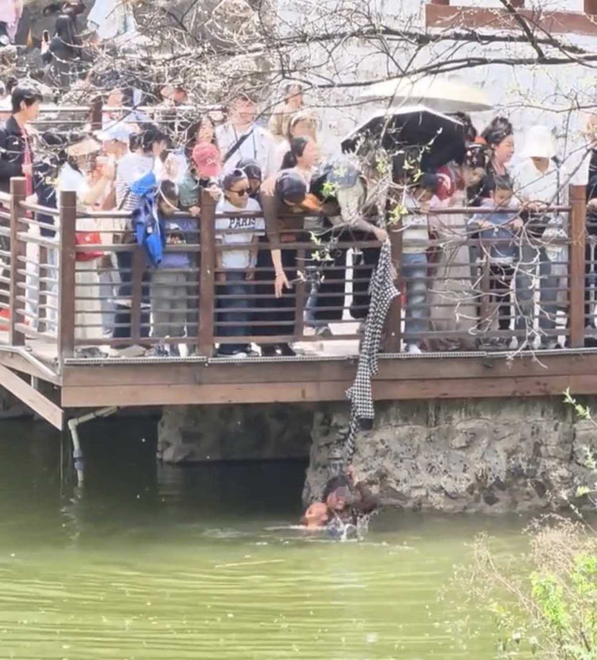 西安一公园小男孩落水,女子下水施救紧紧抱住孩子,游客用衣服将两人拉到岸边,园方回应